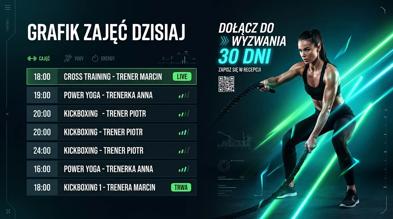Grafik zajęć i promocje na ekranie w klubie fitness Flawzilla TV